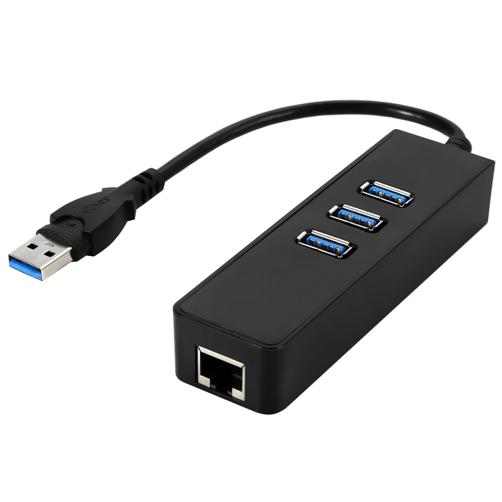 Hub USB 3.0 3 Portas / USB 3.0 / RJ-45 - Preto