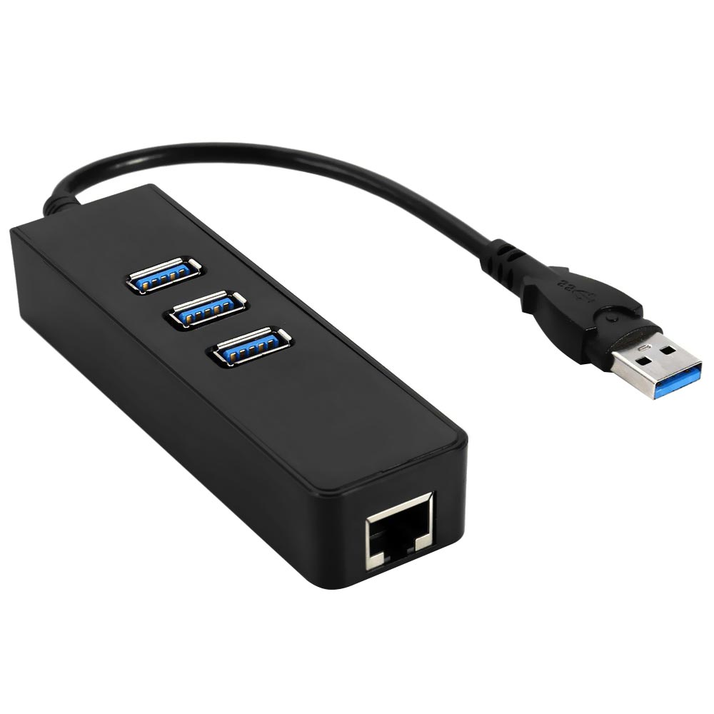 Hub USB 3.0 3 Portas / USB 3.0 / RJ-45 - Preto