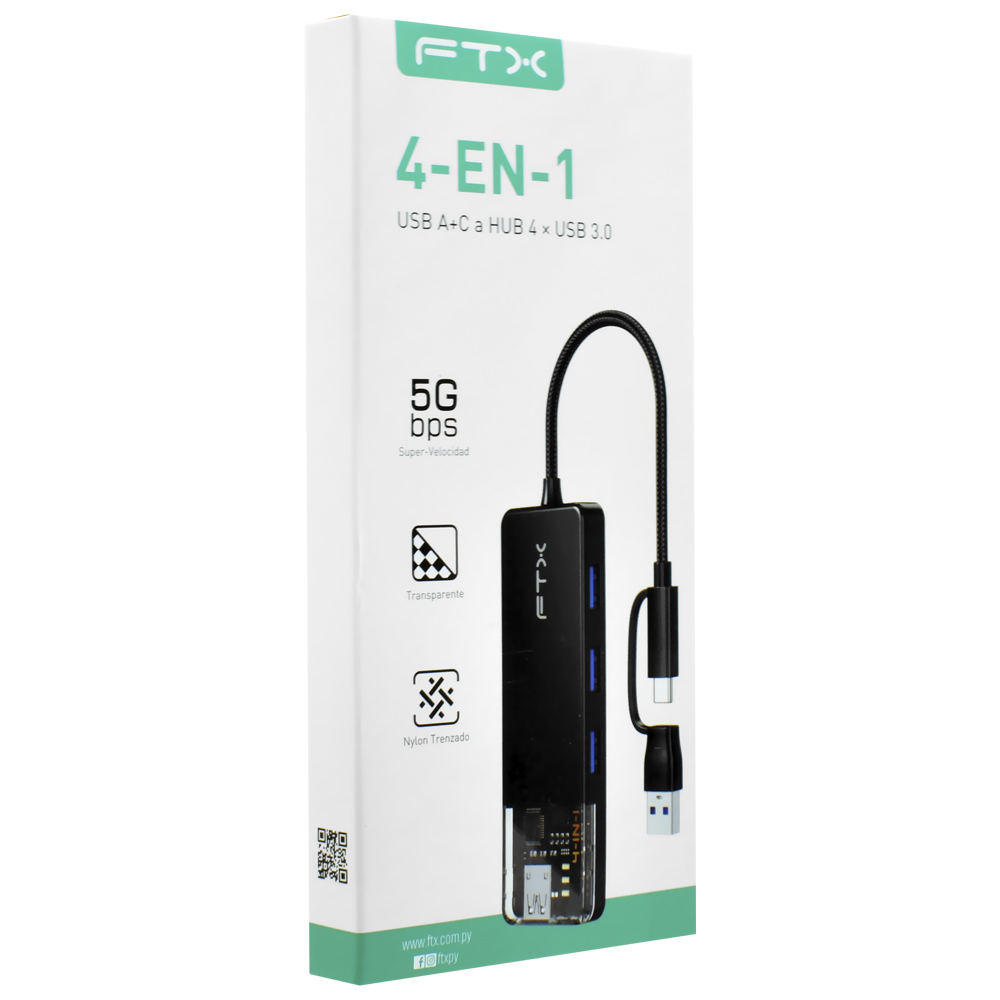Hub USB-C + USB FTX CT-HUBT3-PB 4 Portas / 4 USB 3.0 / USB-C Fêmea - Preto