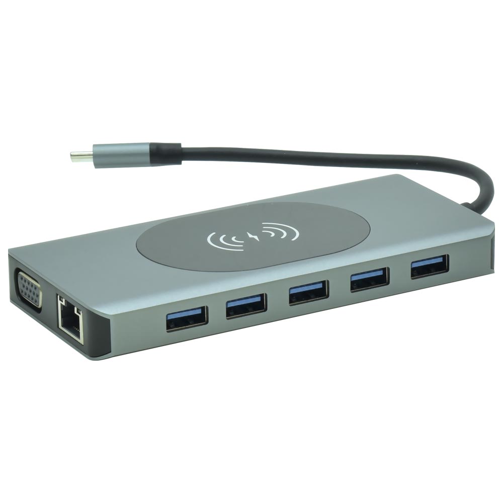 Hub USB-C 3.1 14 Portas / 2 HDMI / 5 USB 3.0 / USB-C Fêmea / GLAN / VGA / SD / TF / 3.5MM / Carregador Wireless 15W - Cinza