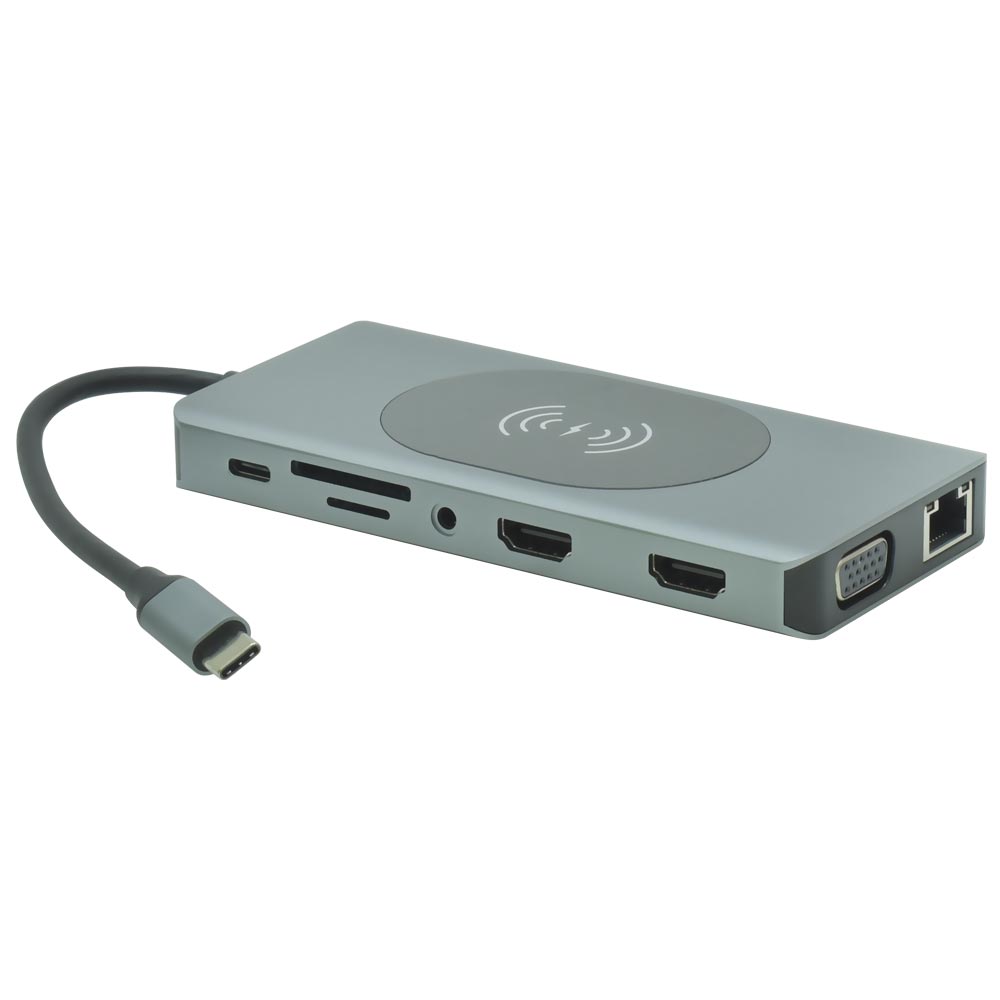 Hub USB-C 3.1 14 Portas / 2 HDMI / 5 USB 3.0 / USB-C Fêmea / GLAN / VGA / SD / TF / 3.5MM / Carregador Wireless 15W - Cinza