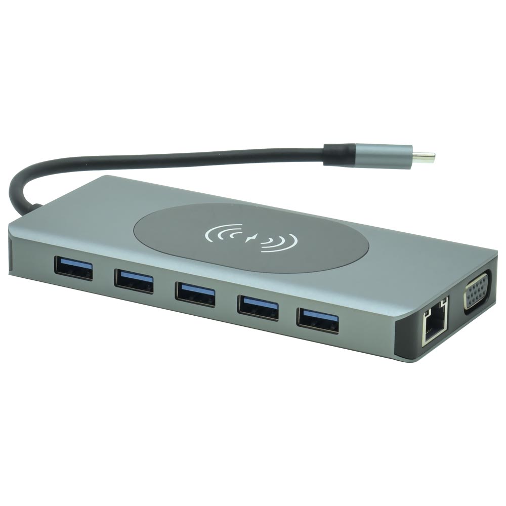 Hub USB-C 3.1 14 Portas / 2 HDMI / 5 USB 3.0 / USB-C Fêmea / GLAN / VGA / SD / TF / 3.5MM / Carregador Wireless 15W - Cinza