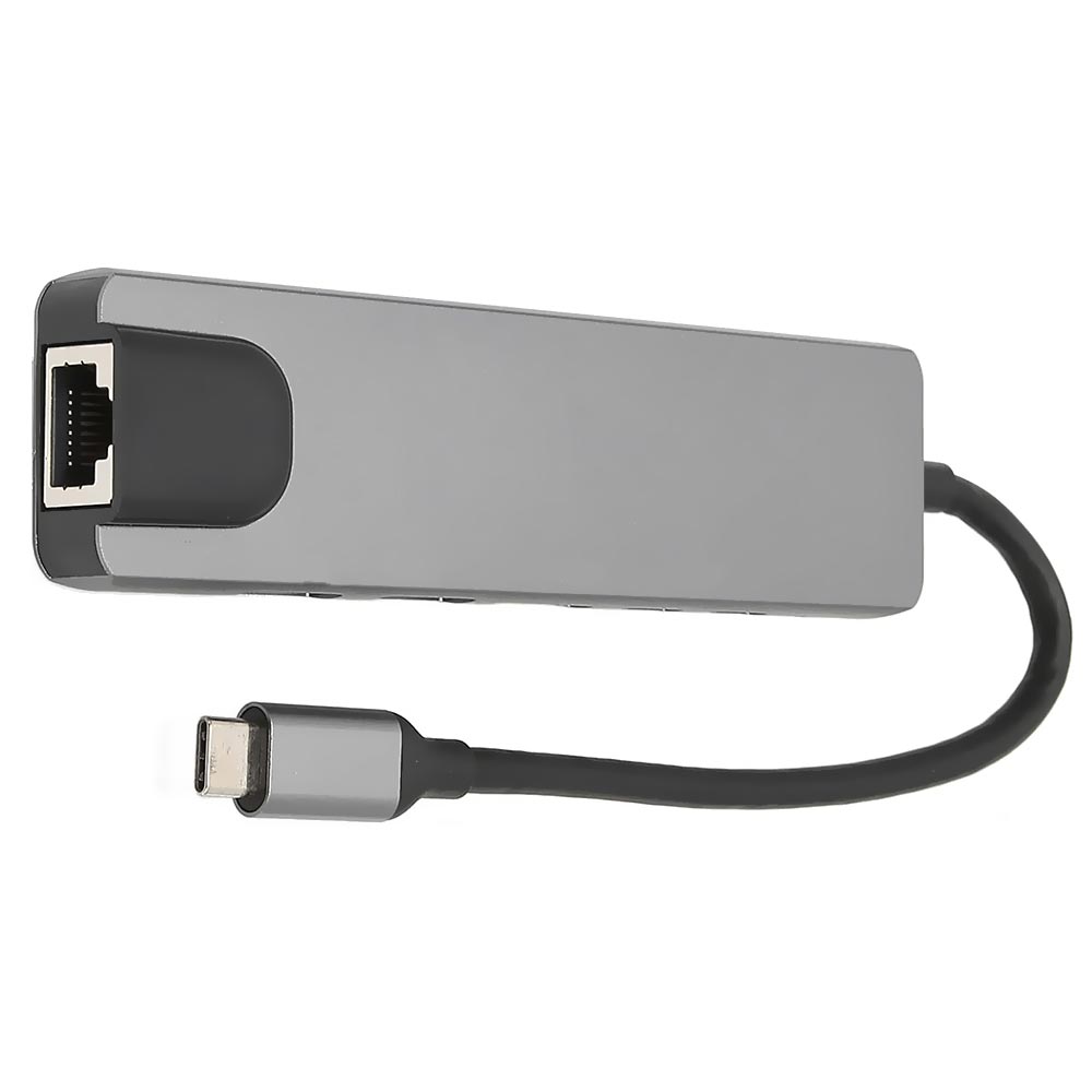 Hub USB-C 3.1 6 Portas / HDMI / 2 USB 3.0 / RJ-45 / 2 USB-C Fêmea - Preto / Cinza