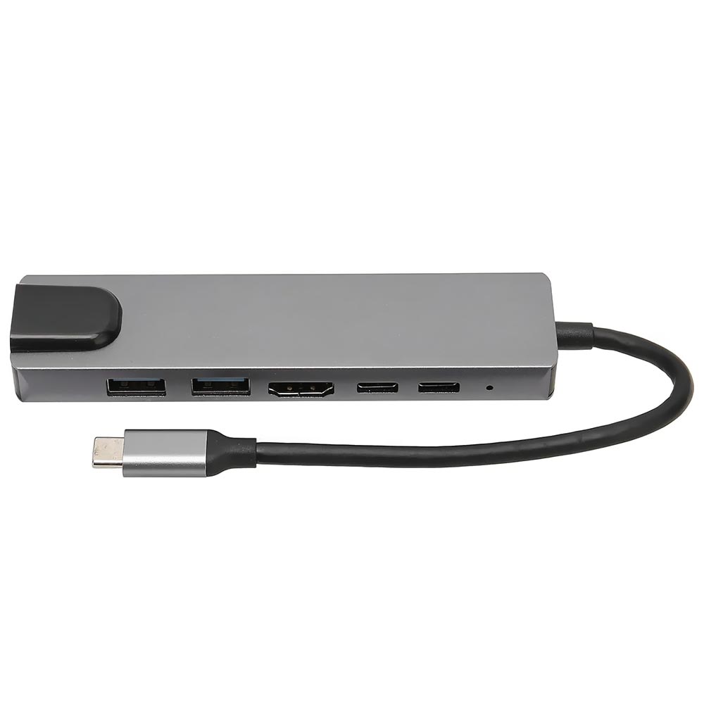 Hub USB-C 3.1 6 Portas / HDMI / 2 USB 3.0 / RJ-45 / 2 USB-C Fêmea - Preto / Cinza