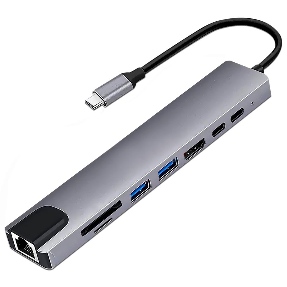 Hub USB-C 3.1 8 Portas / HDMI / 2 USB 3.0 / RJ-45 / SD / TF / 2 USB-C Fêmea - Preto / Cinza