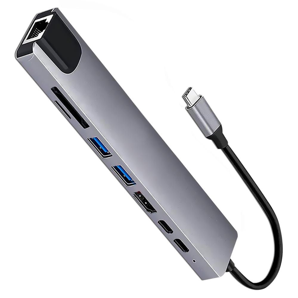 Hub USB-C 3.1 8 Portas / HDMI / 2 USB 3.0 / RJ-45 / SD / TF / 2 USB-C Fêmea - Preto / Cinza