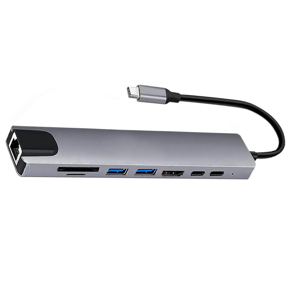 Hub USB-C 3.1 8 Portas / HDMI / 2 USB 3.0 / RJ-45 / SD / TF / 2 USB-C Fêmea - Preto / Cinza