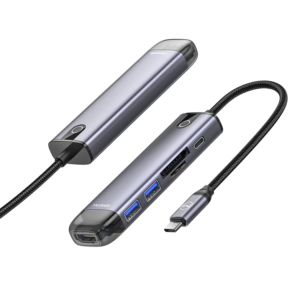 Hub USB-C 3.1 Mcdodo HU-7740 6 Portas / HDMI / 2 USB 3.0 / SD / TF / USB-C Fêmea - Cinza