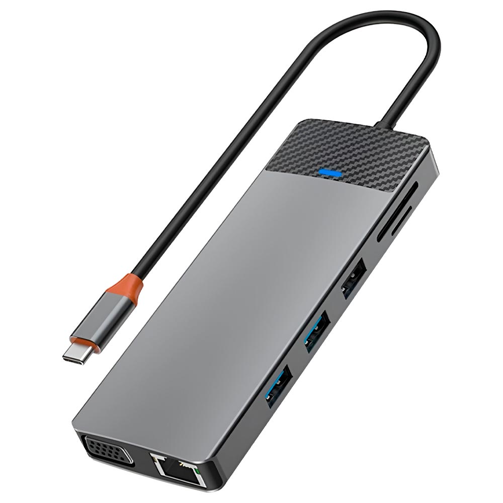 Hub USB-C 3.1 Wiwu Linker 12IN1 Pro 12 Portas / 2 HDMI / 2 USB 3.0 / 2 USB 2.0 / 2 USB-C Fêmea / LAN / VGA / SD / TF - Cinza