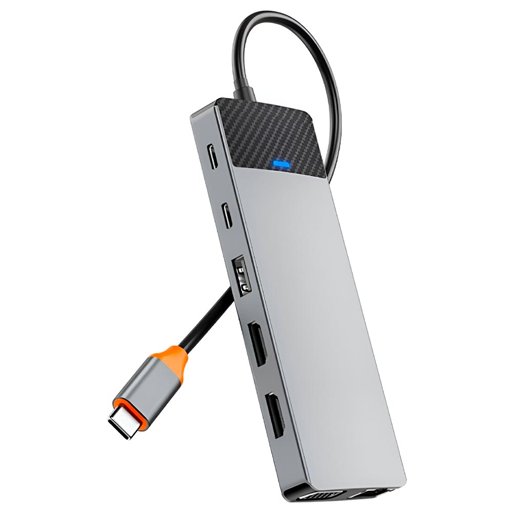 Hub USB-C 3.1 Wiwu Linker 12IN1 Pro 12 Portas / 2 HDMI / 2 USB 3.0 / 2 USB 2.0 / 2 USB-C Fêmea / LAN / VGA / SD / TF - Cinza