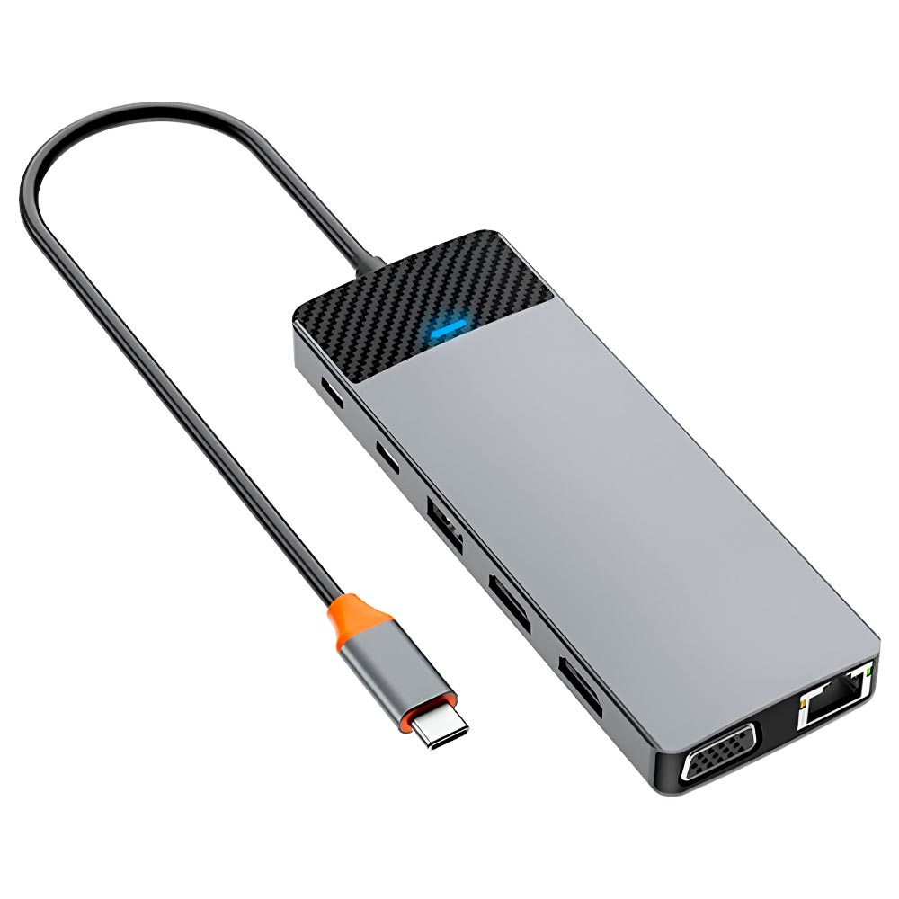 Hub USB-C 3.1 Wiwu Linker 12IN1 Pro 12 Portas / 2 HDMI / 2 USB 3.0 / 2 USB 2.0 / 2 USB-C Fêmea / LAN / VGA / SD / TF - Cinza