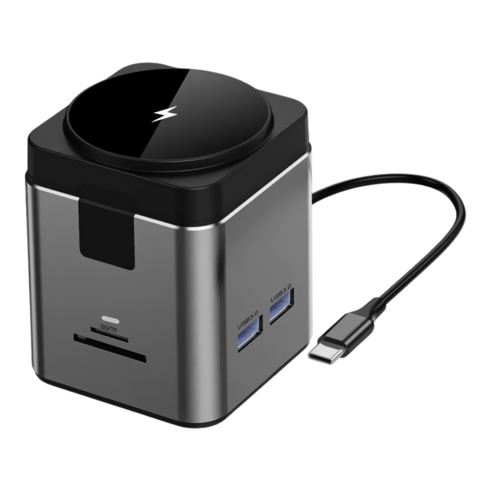 Hub USB-C 3.1 Wiwu WI-W025 9 Portas / 3 USB 3.0 / USB-C Fêmea / HDMI / LAN / SD / TF / Carregador Wireless 15W - Cinza