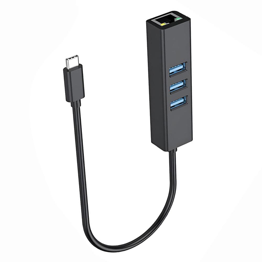 Hub USB-C 3 Portas / USB 3.0 / RJ-45 / 1000Mbps Gigabit - Preto / Cinza