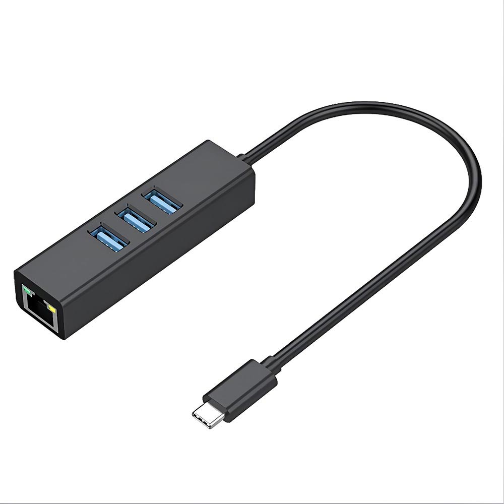 Hub USB-C 3 Portas / USB 3.0 / RJ-45 / 1000Mbps Gigabit - Preto / Cinza