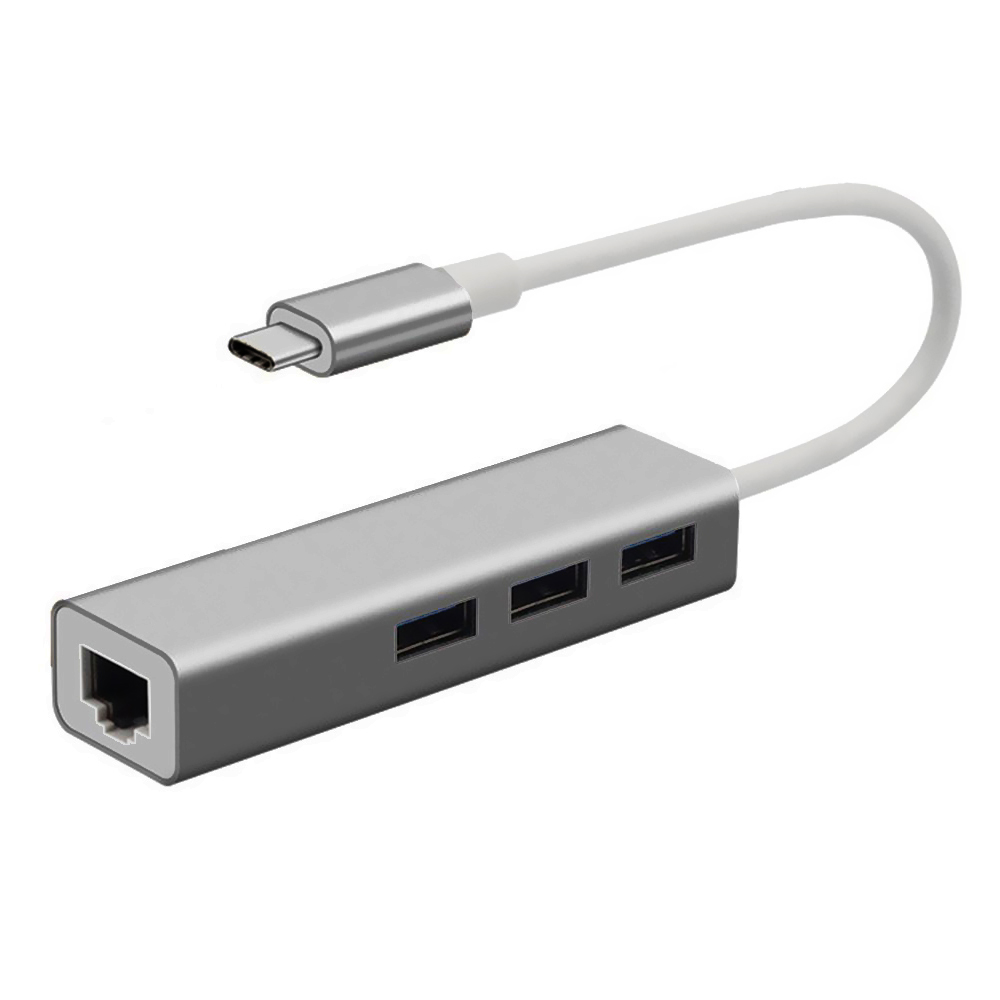 Hub USB-C 4 Portas / 3 USB 3.0 / RJ-45 1000Mbps - Cinza