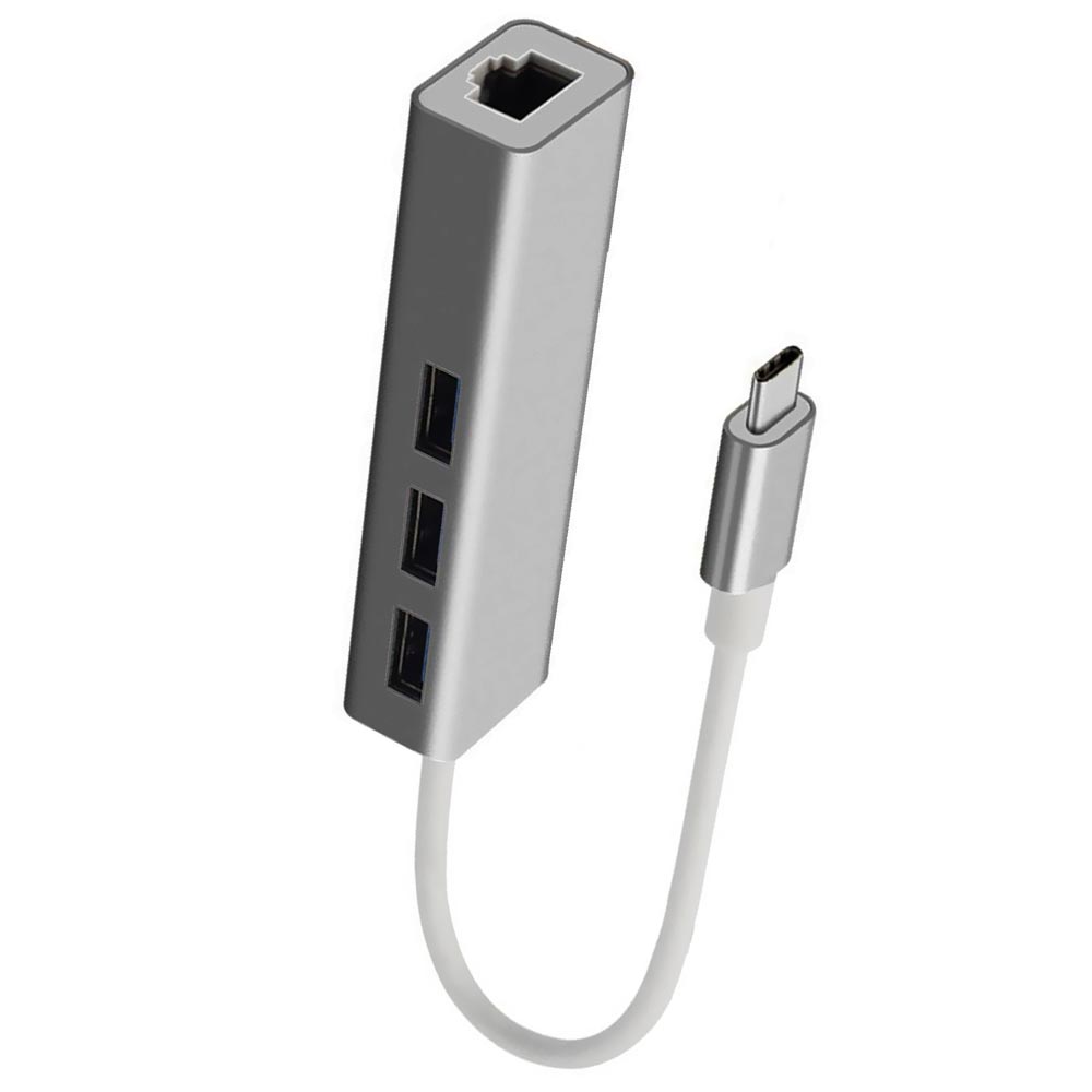 Hub USB-C 4 Portas / 3 USB 3.0 / RJ-45 1000Mbps - Cinza