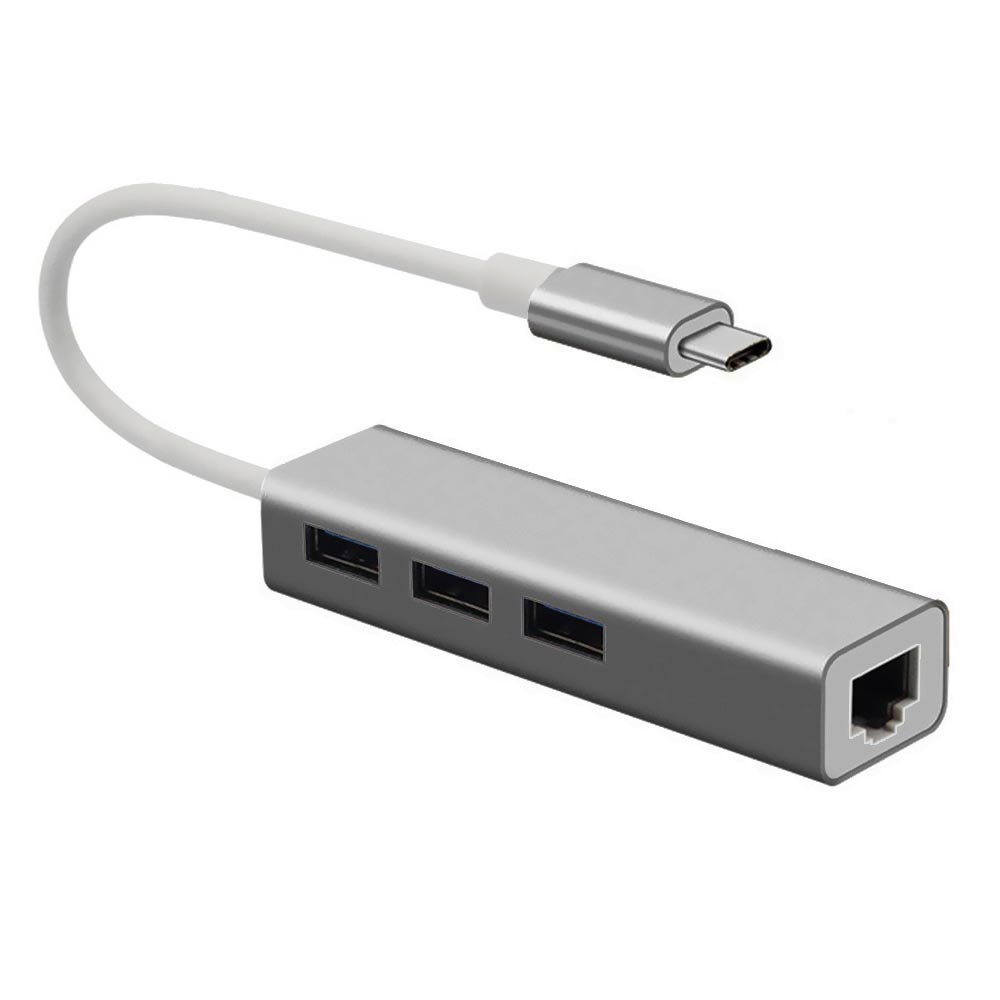 Hub USB-C 4 Portas / 3 USB 3.0 / RJ-45 1000Mbps - Cinza