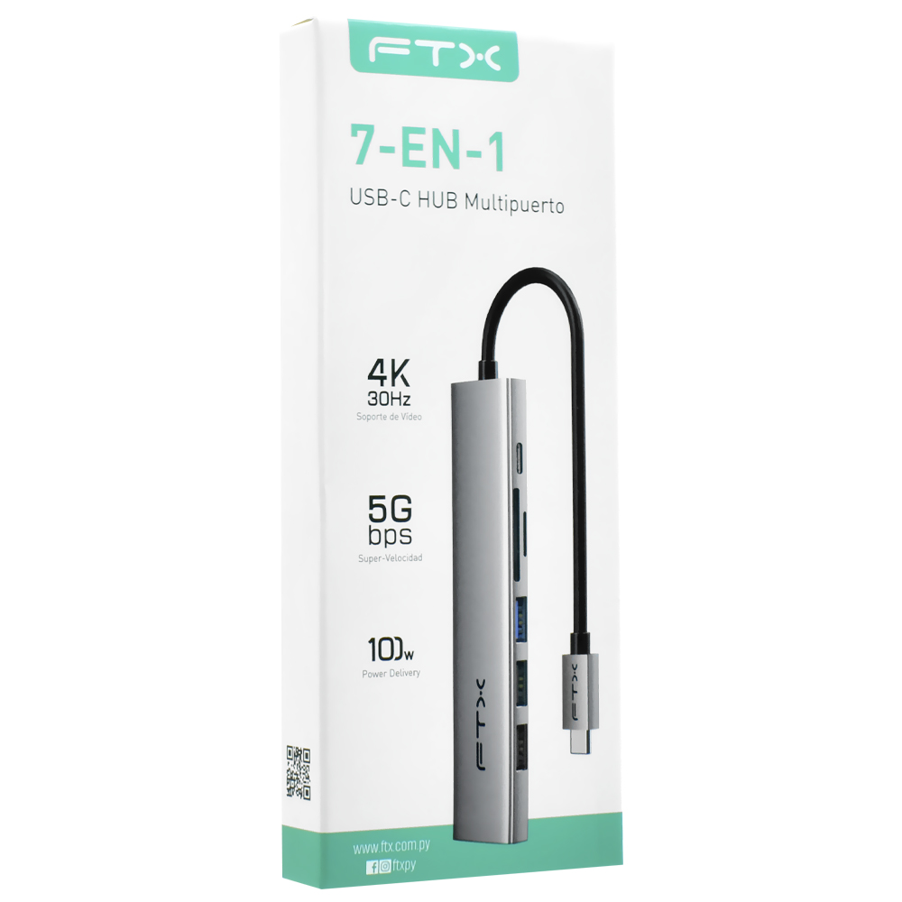 Hub USB-C FTX CT-HBP2-AG7 7 Portas / HDMI / USB 3.0 / 2 USB 2.0 / SD / TF / USB-C Fêmea - Cinza