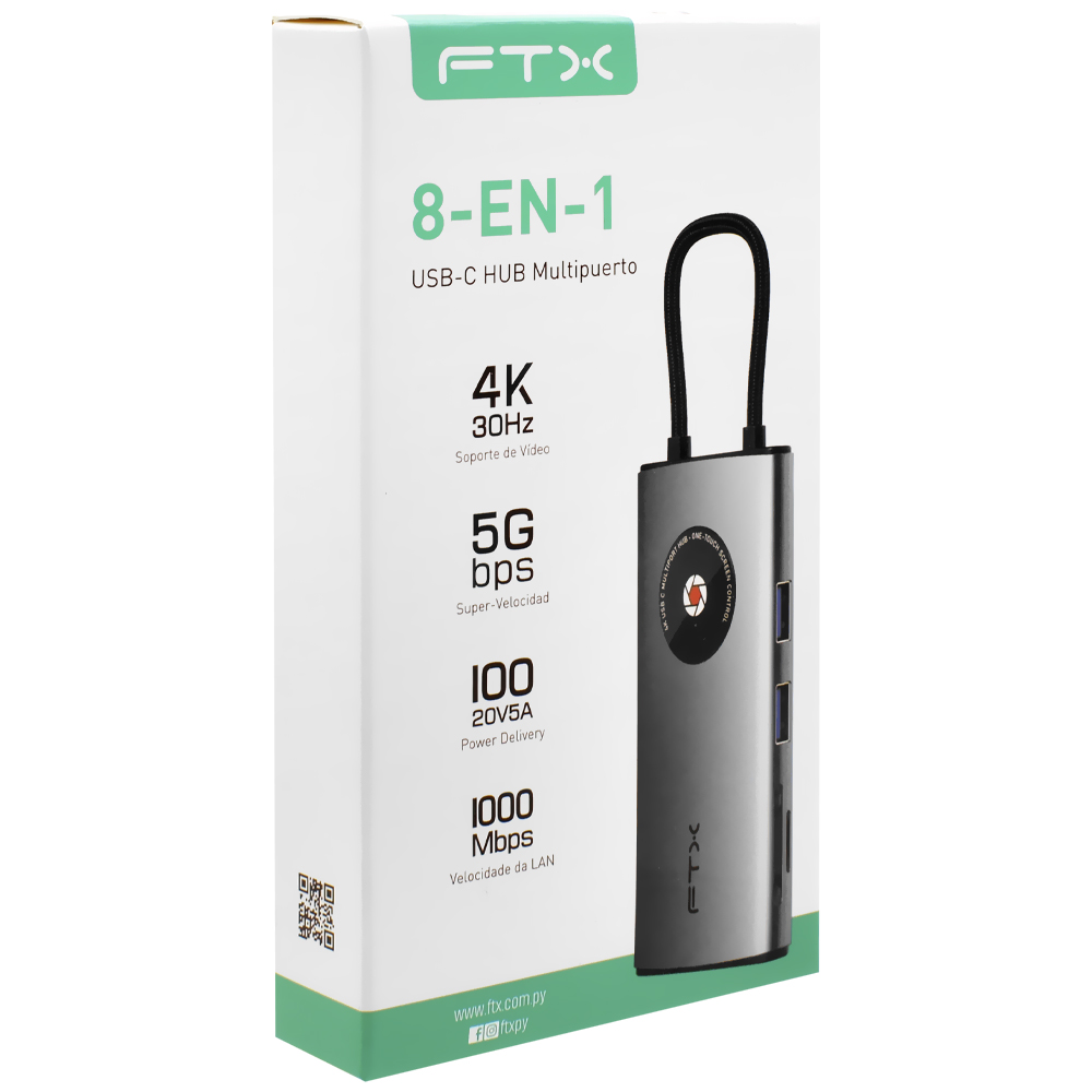 Hub USB-C FTX CT-HUBL3-AG 8 Portas / HDMI / 2 USB 3.0 / USB 2.0 / RJ45 / SD / TF / USB-C Fêmea - Cinza