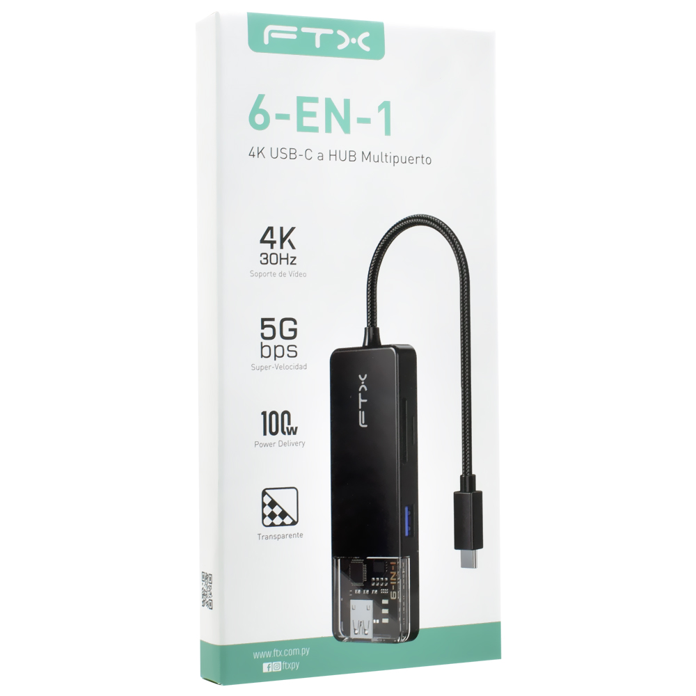 Hub USB-C FTX CT-HUBT4-PB 6 Portas / HDMI / 2 USB / SD / TF / USB-C Fêmea - Preto