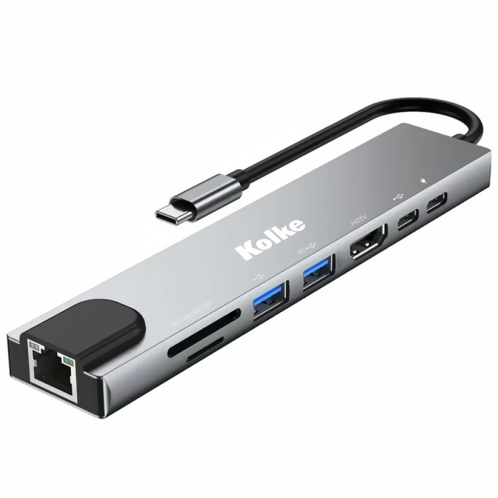 Hub USB-C Kolke KCH-681 8 Portas / USB 2.0 / USB 3.0 / HDMI / 2 USB-C / LAN / SD / TF - Cinza