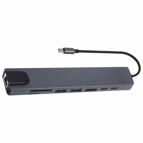 Hub USB Type-C 3.1 8 Portas / HDMI / USB 3.0 / RJ-45 / SD / TF / Type-C Fêmea - Preto