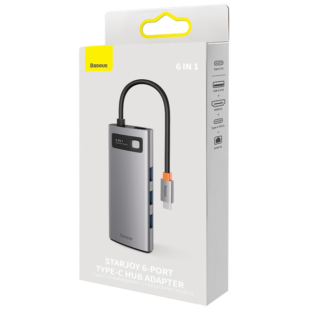 Hub USB Type-C 3.1 Baseus CAHUB-CW0G 6 Portas / 3 USB 3.0 / HDMI / Type-C Fêmea / RJ45 - Cinza