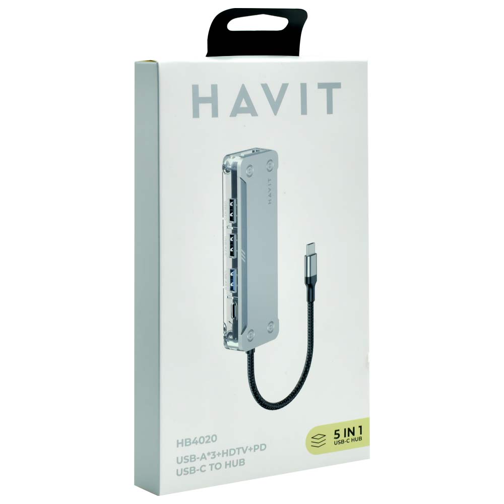 Hub USB Type-C 3.1 Havit HB4020 5 Portas / HDMI / USB 3.0 / 2 USB 2.0 / Type-C Fêmea - Transparente