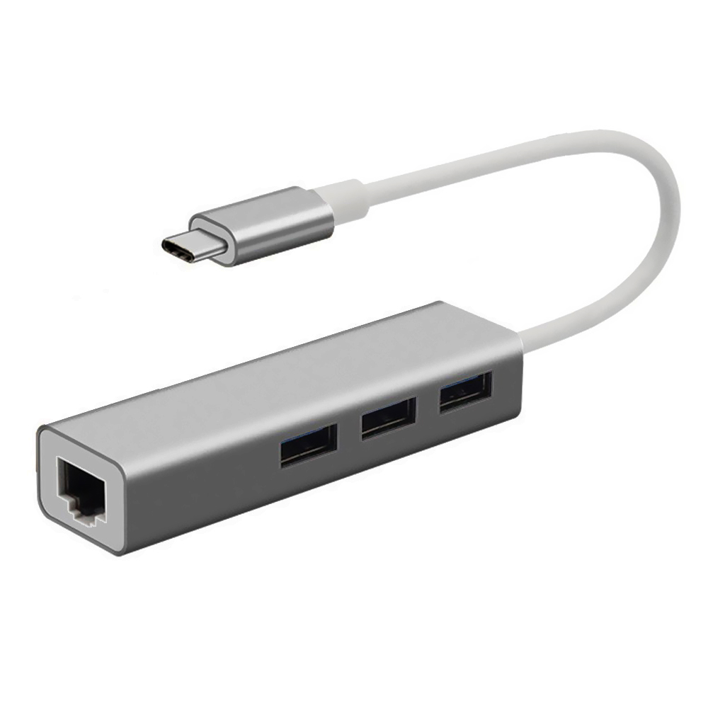 Hub USB Type-C 3 Portas / USB 3.0 / RJ-45 / 1000Mbps - Cinza