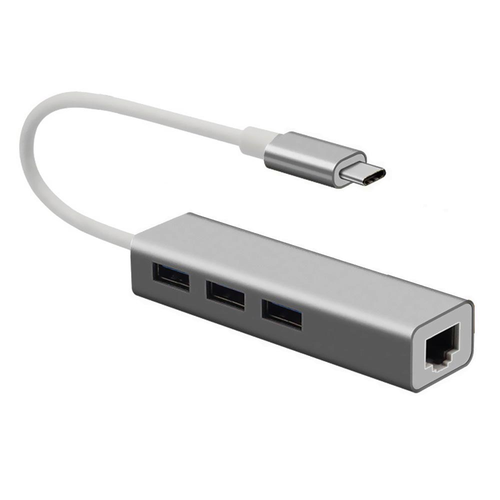 Hub USB Type-C 3 Portas / USB 3.0 / RJ-45 / 1000Mbps - Cinza