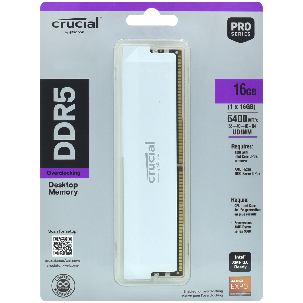 Memória RAM Crucial Pro Series DDR5 16GB 6400MHz - Branco (CP16G64C38U5W)