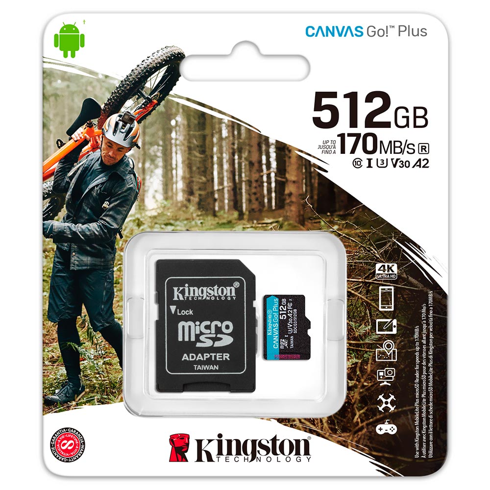 Cartão de Memória Micro SD Kingston Canvas Go Plus U3 C10 V30 A2 512GB - SDCG3/512GB