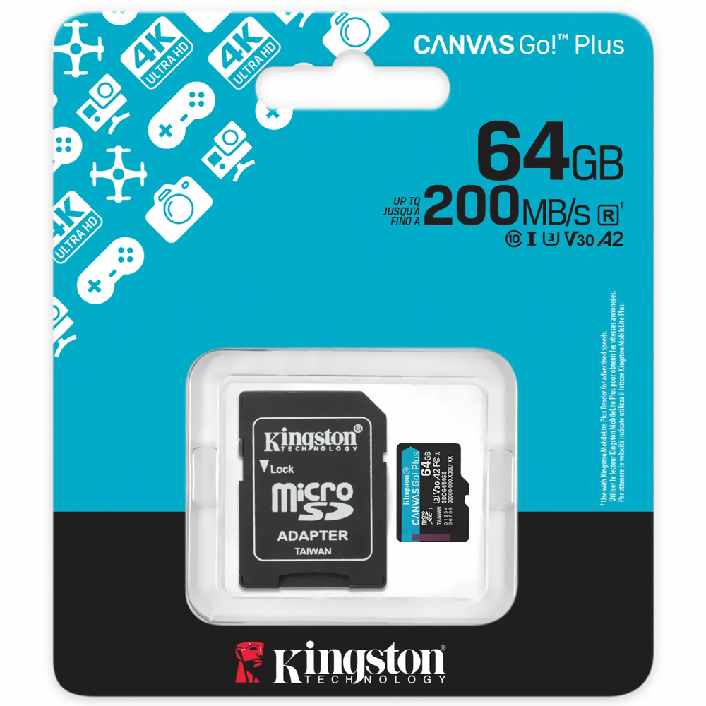Cartão de Memória Micro SD Kingston Canvas Go Plus U3 C10 V30 A2 64GB - SDCG4/64GB