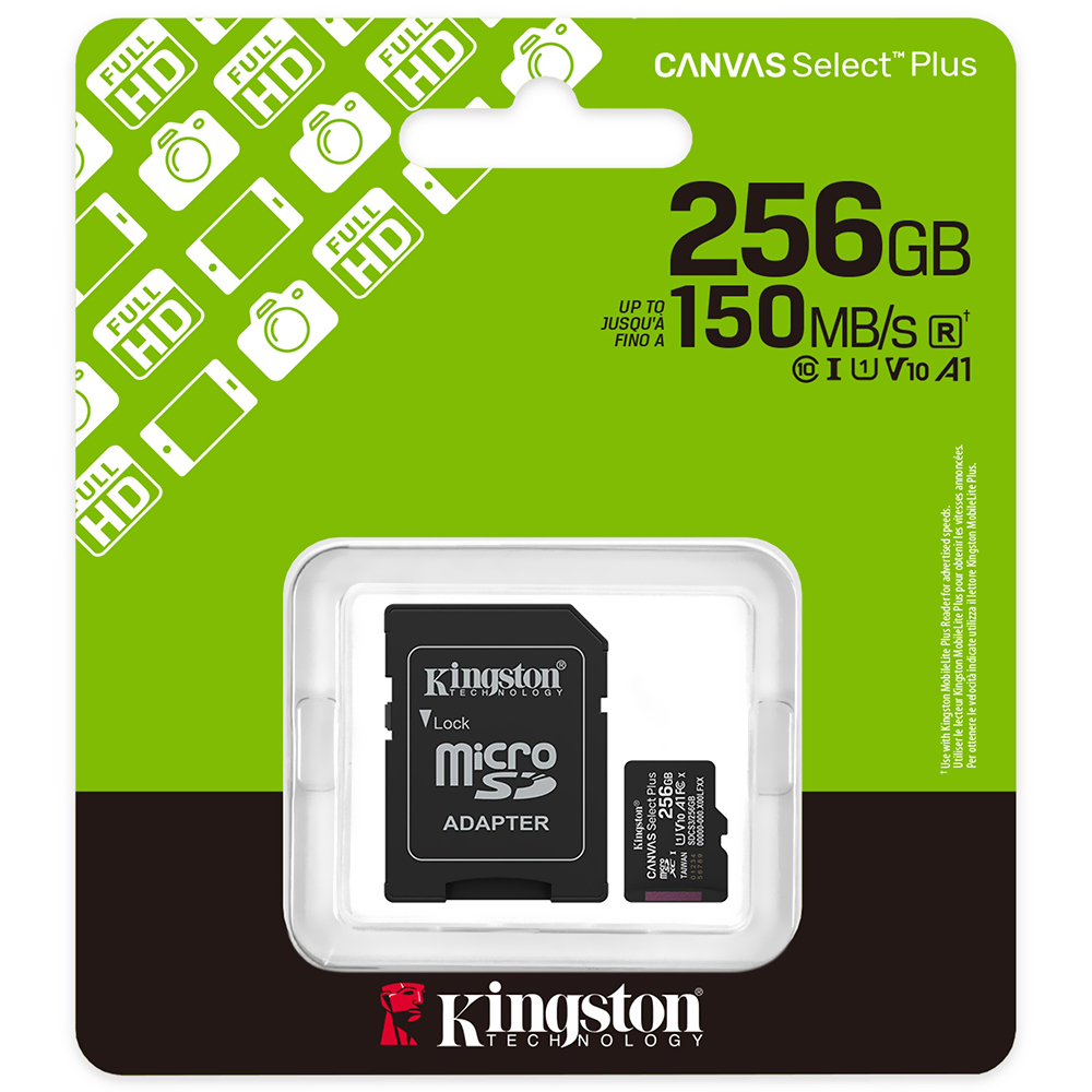 Cartão de Memória Micro SD Kingston Canvas Select Plus C10 U1 V10 A1 256GB - SDCS3/256GB