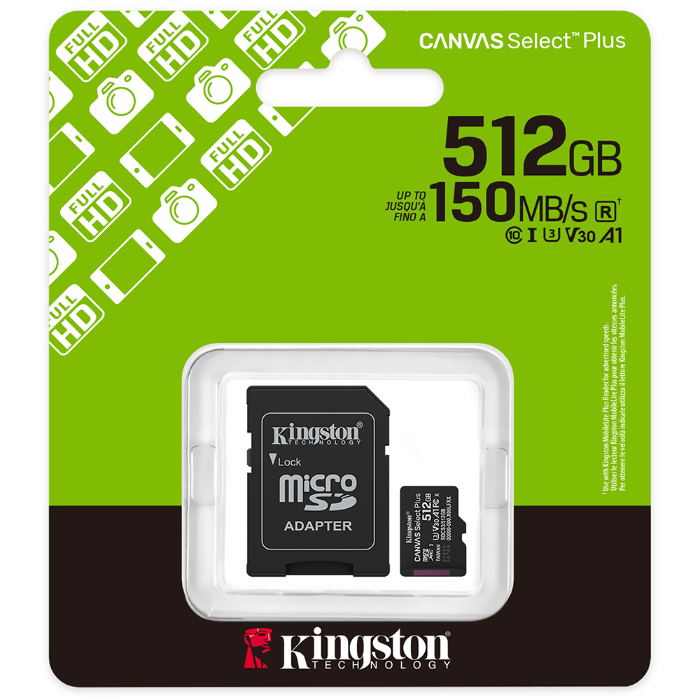 Cartão de Memória Micro SD Kingston Canvas Select Plus C10 U1 V10 A1 512GB - SDCS3/512GB