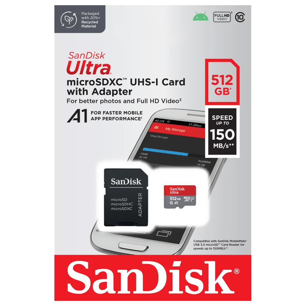 Cartão de Memória Micro SD Sandisk 512GB Ultra Class 10 A1 U1 FHD - SDSQUAC-512G-GN6MA