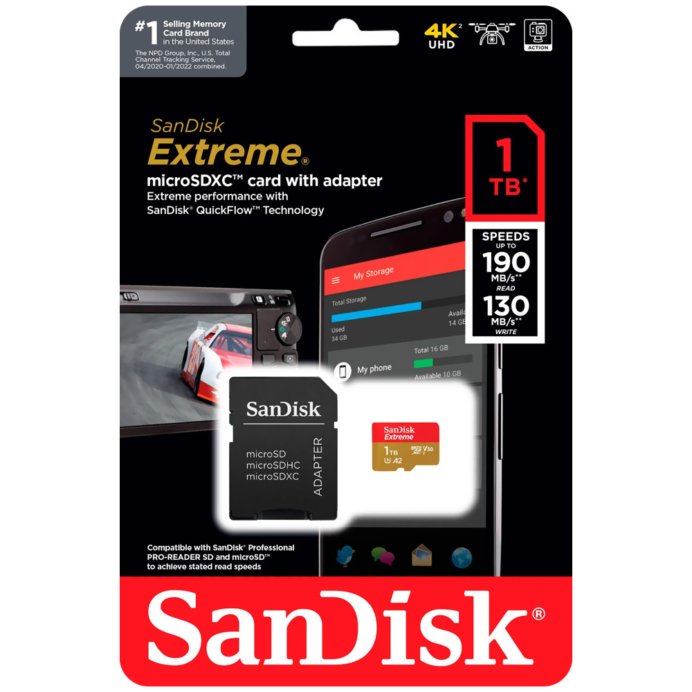 Cartão de Memória Micro SD Sandisk Extreme V30 A2 U3 1TB 4K UHD - SDSQXAV-1T00-GN6MA