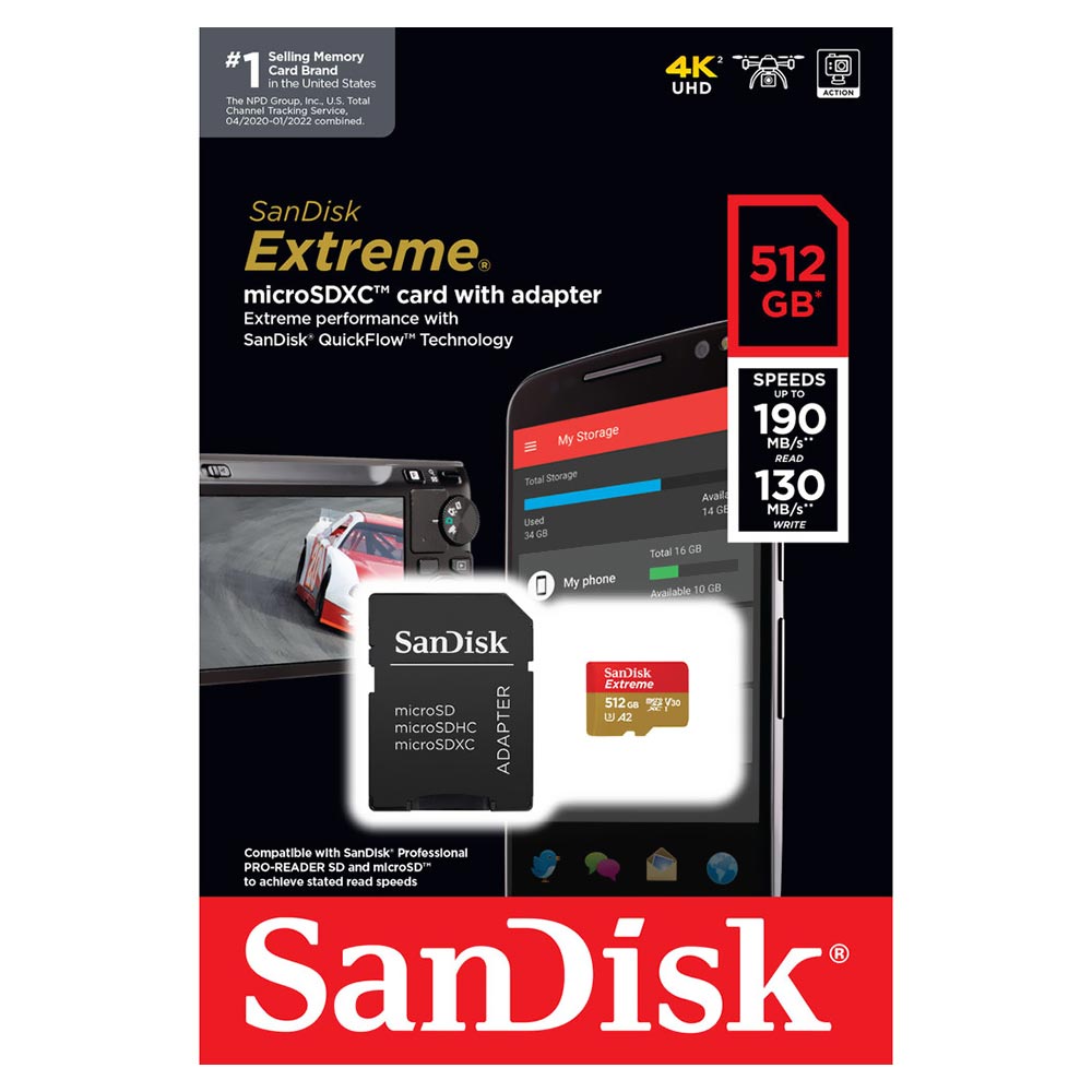 Cartão de Memória Micro SD Sandisk Extreme V30 A2 U3 512GB 4K UHD - SDSQXAV-512G-GN6MA