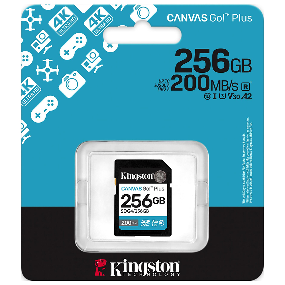 Cartão de Memória SD Kingston Canvas Go Plus C10 U3 V30 A2 256GB - SDG4/256GB