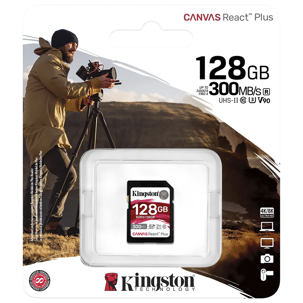 Cartão de Memória SD Kingston Canvas React Plus U3 C10 V90 128GB - SDR2/128GB