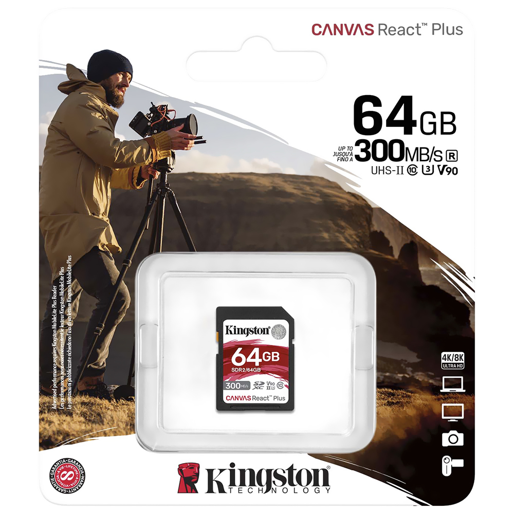 Cartão de Memória SD Kingston Canvas React Plus U3 C10 V90 64GB - SDR2/64GB