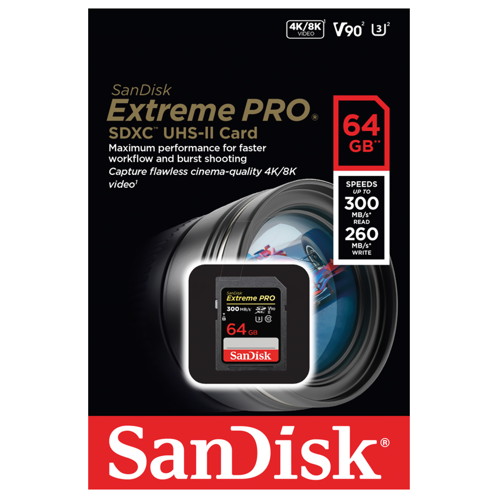 Cartão de Memória SD SanDisk Extreme Pro Class 10 V90 U3 64GB 4K / 8K UHD - SDSDXDK-064G-GN4IN