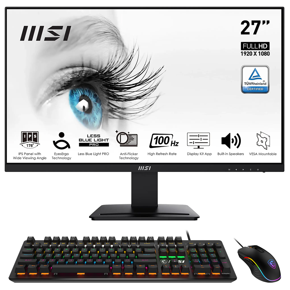 MONIT. LED 27" MSI PRO MP273AW FHD IPS 100HZ 1MS/DP/HDMI/VGA/AUDIO PRETO + TECLADO GK300 COMBO