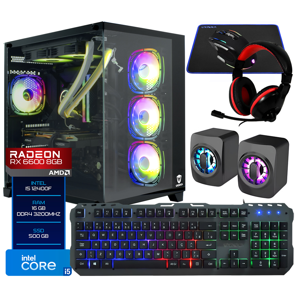 PC Montado Gamer Intel Core i5 12400F de 2.5GHz 16GB de RAM / 500GB SSD / Radeon RX6600 8GB + Kit Gamer - Preto