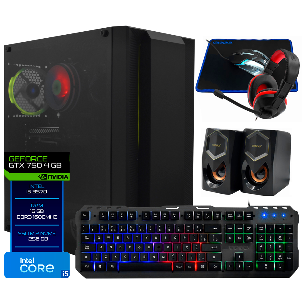 PC Montado Gamer Intel Core i5 3570 de 3.4GHz 16GB de RAM / 256GB SSD / GeForce GTX750 4GB + Kit Gamer - Preto