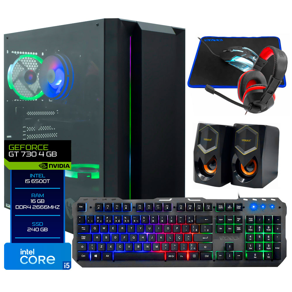 PC Montado Gamer Intel Core i5 6500T de 2.5GHz 16GB de RAM / 240GB SSD / GeForce GT730 4GB + Kit Gamer - Preto