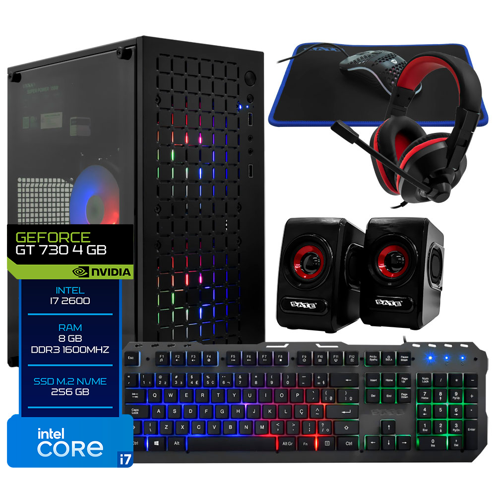 PC Montado Gamer Intel Core i7 2600 de 3.4GHz 8GB de RAM / 256GB SSD / GeForce GT730 4GB + Kit Gamer - Preto 