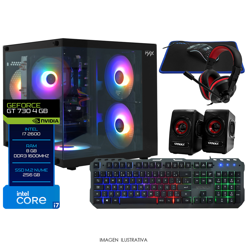 PC Montado Gamer Intel Core i7 2600 de 3.4GHz 8GB de RAM / 256GB SSD / GeForce GT730 4GB + Kit Gamer - Preto 