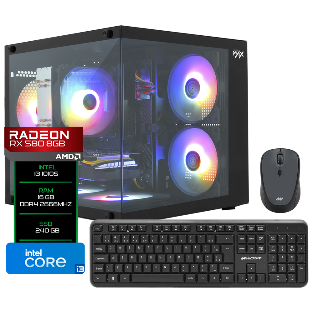 PC Montado Gamer Macrovip Intel Core i3 10105 de 3.7GHz 16GB de RAM / 240GB SSD / Radeon RX580 8GB - Preto