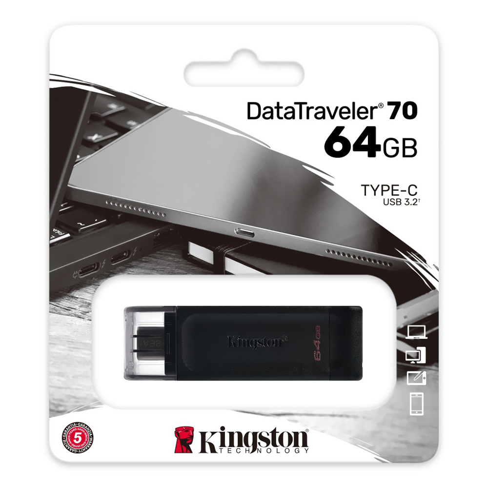 Pendrive Kingston 64GB Type-C 3.2 - Preto (DT70/64GB)